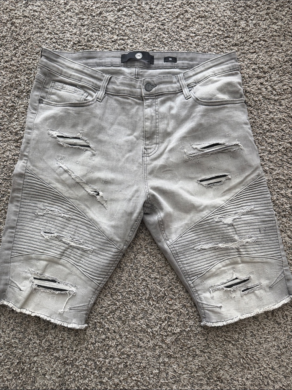 Jordan Craig Light Gray Distressed Biker Denim Shorts